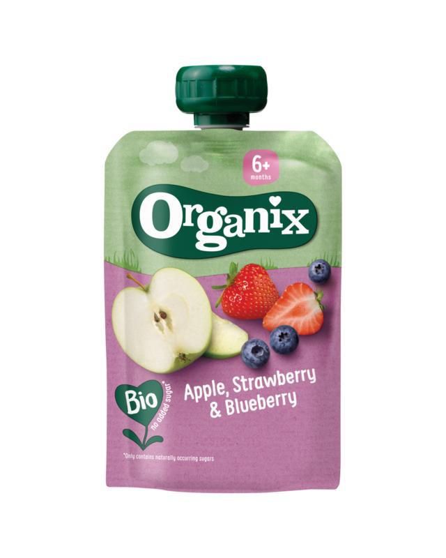 Knijpfruit appel, aardbei en bosbessen 6+M bio