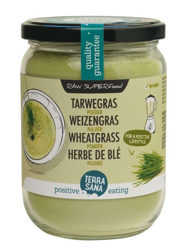 Raw tarwegras poeder in glas bio