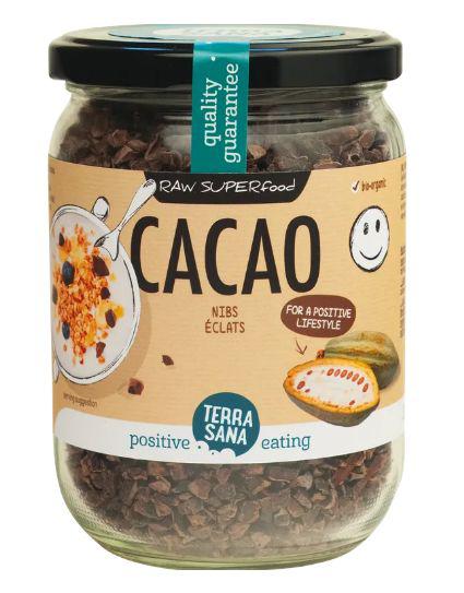 Raw cacao nibs in glas bio